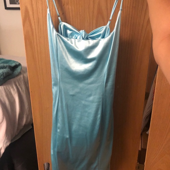 Mila satin bodycon dress in island blue Clearance